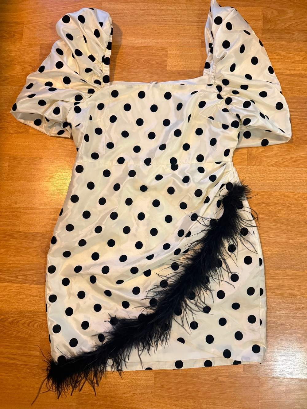 LPA White and Black Polka Dot Puff Sleeve Mini Dress with Black Feather Trim